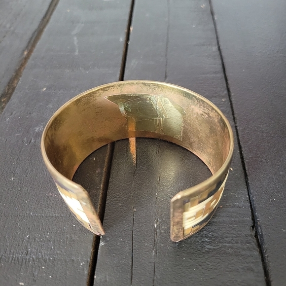 Vintage Gold Tone Bangle Bracelet Black Ivory Weave Thick Jewelry Boho Western - Picture 5 of 7